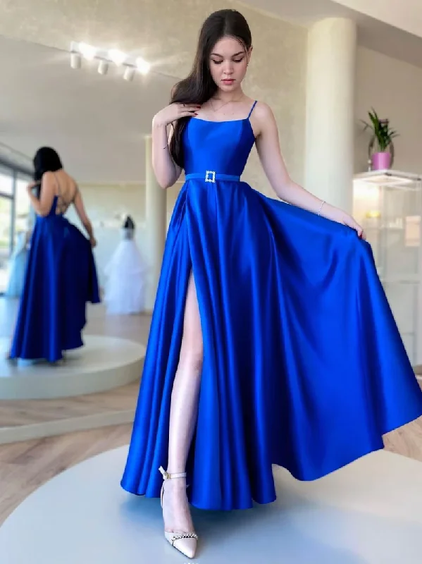 Women's Fashion Hotspots SIMPLE BLUE SATIN LONG PROM DRESSES, BLUE FORMAL PARTY DRESS      S1354