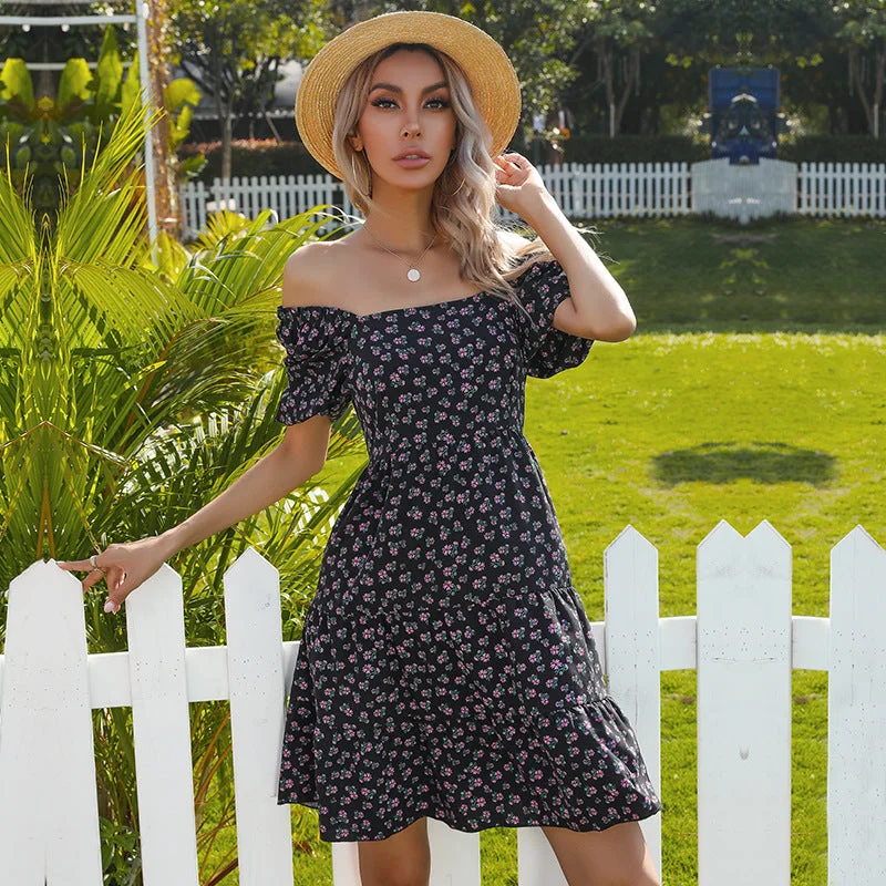 Limited Edition IKEARLAX Summer  bubble sleeve one-word neck dress women's collar lisianthus short skirt  cross-border  floral dress