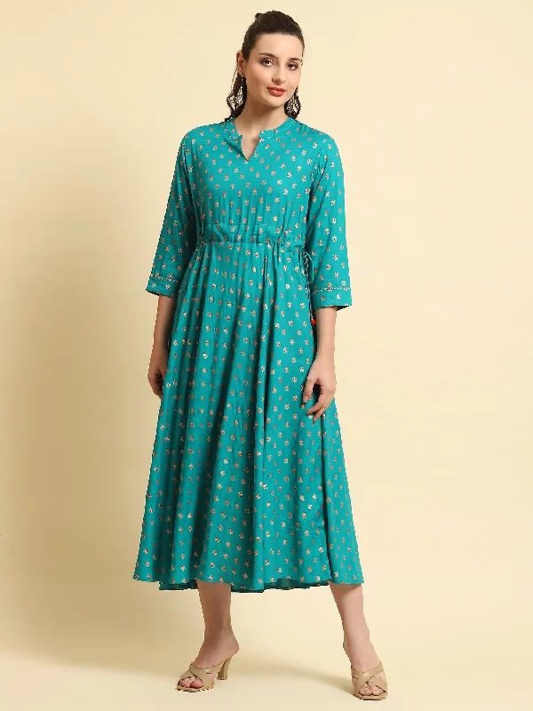 Trendy Street Style Women Turquoise Blue Floral Printed Dress