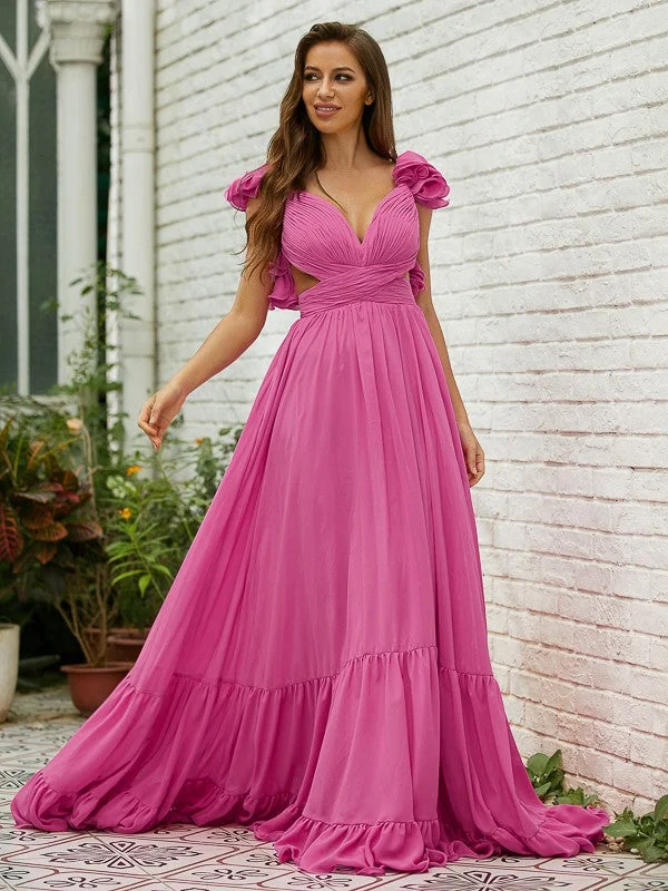 Great Prices On Feminine Styles A-Line/Princess Chiffon Ruffles V-neck Sleeveless Sweep/Brush Train Dresses