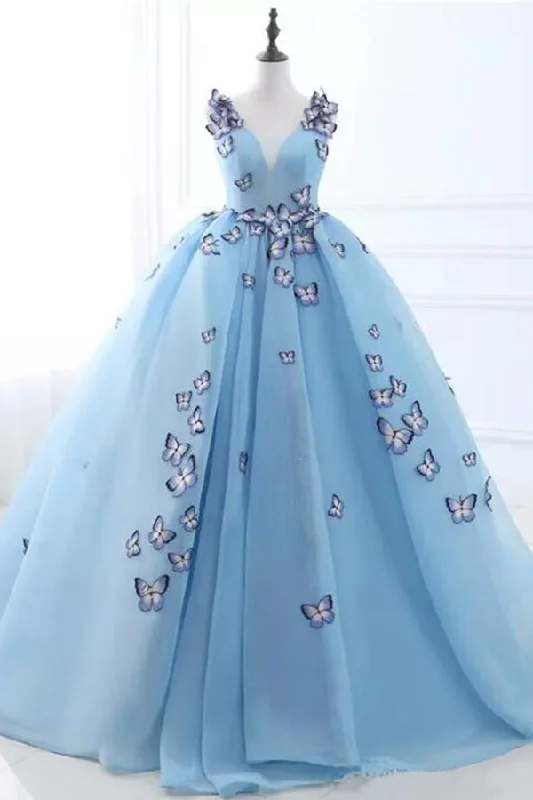 Refined Simplicity Sky Blue V-Neck Butterfly Flowers Ball Gowns Long Prom Dresses N956