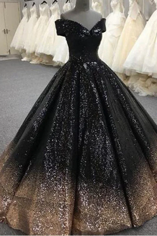 Feminine Elegant Off the Shoulder Black Ball Gown Sequins Prom Dresses