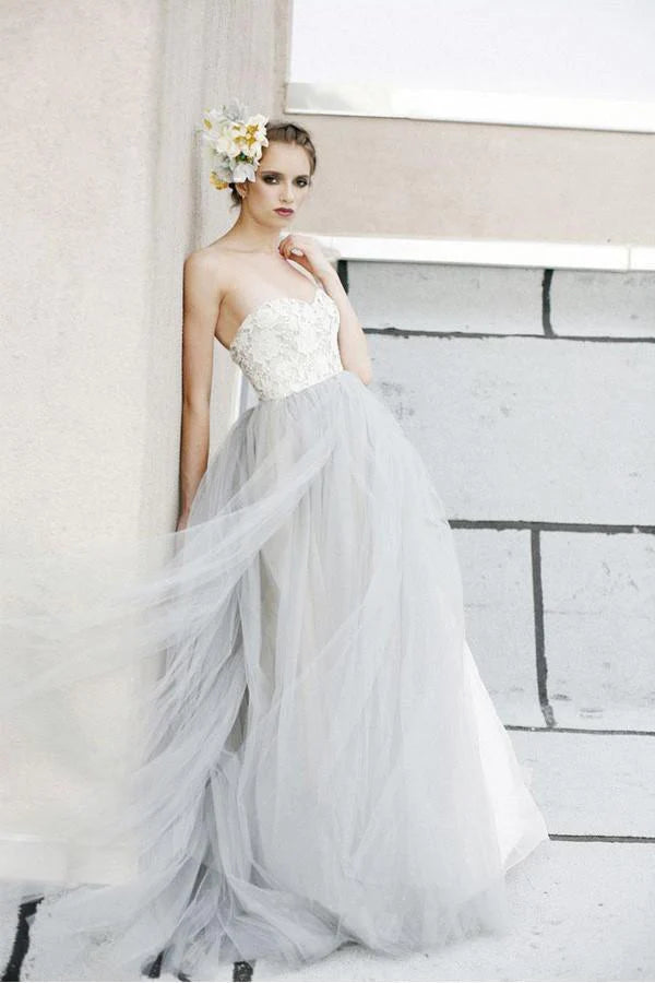 Romantic Date - Night Ensemble Sexy Top A-line White Lace Grey Tulle Strapless Sweetheart Neck Wedding Dress