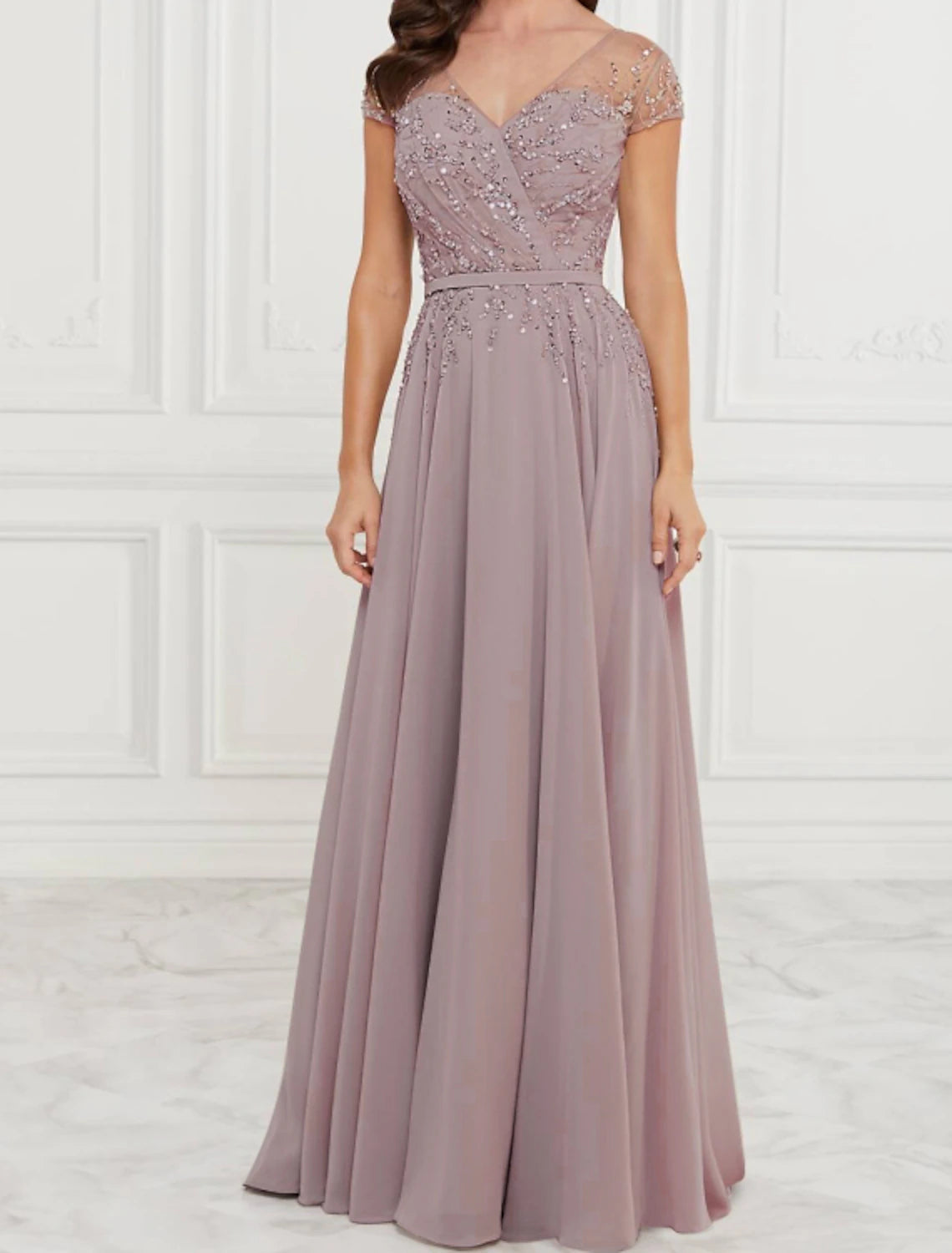 Feminine Elegance A-Line Mother of the Bride Dress Elegant V Neck Floor Length Chiffon Lace Sleeveless with Pleats Sequin