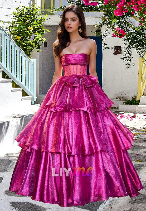 Disco - Inspired Retro Dance Look Off-Shoulder Sleeveless Pleated Tiered Bowknot A-Line Prom Dress