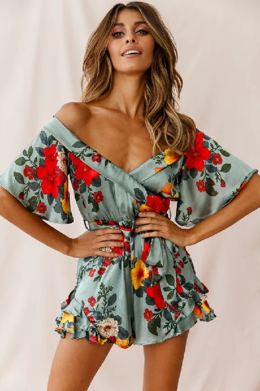 Y2K Nostalgic Fashion Look Ambrosia Off-Shoulder Floral Romper Sage