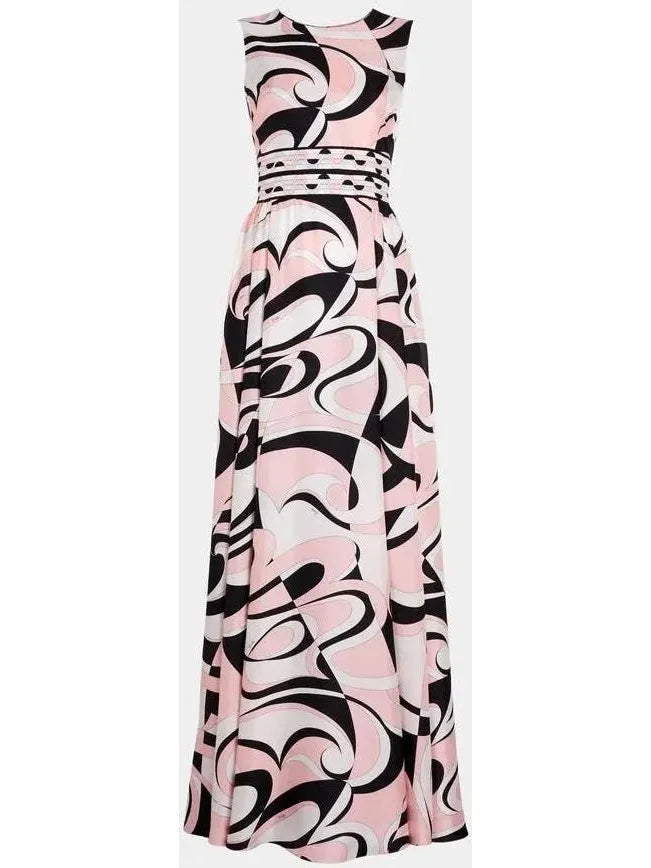 Exclusive Discount Printed Silk Sleeveless Maxi Dress in Pink, Black and White