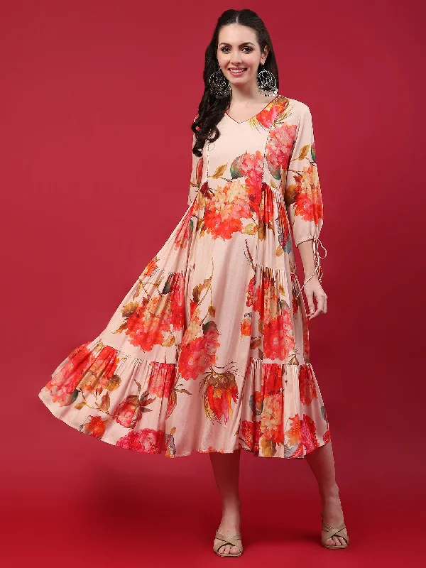 Vibrant Femme Fashion Women Peach Floral Printed Dress