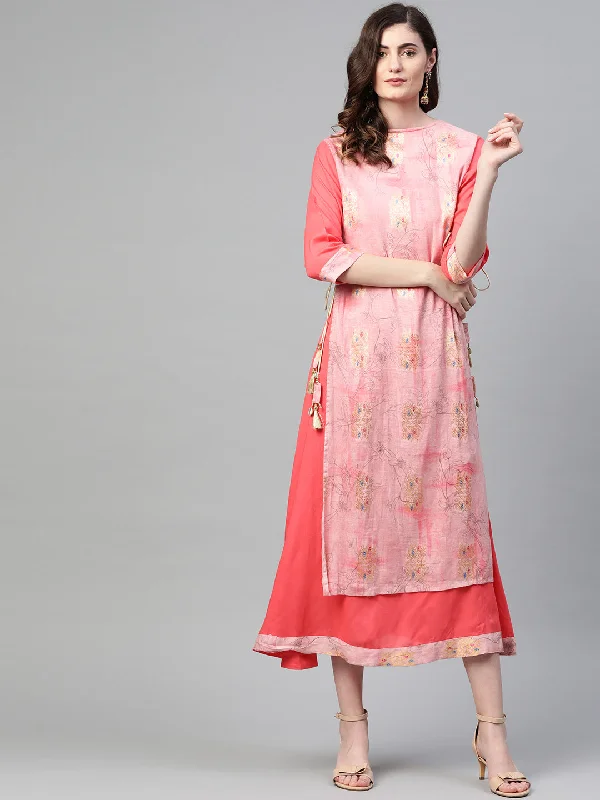 Sophisticated Outfits Women Coral & Pink Rayon Floral Layered Dress