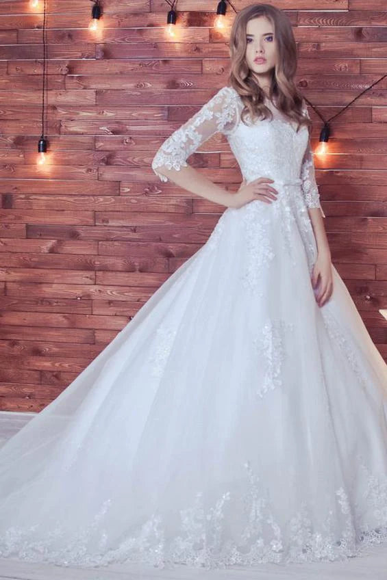 Eco Friendly Fashion Sale Lace Appliques Half Sleeve Romantic White Ball Gown Tulle Lace up Wedding Dress