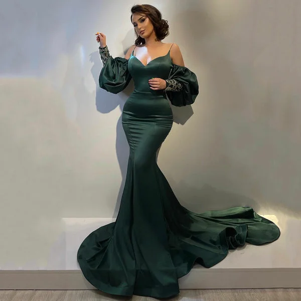 Seasonal Picks Elegant Hunter Green Satin Mermaid Prom Dress Sexy Sweetheart Spaghetti Straps Evening Gowns    S2372