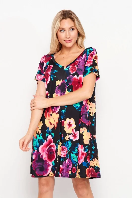 Feminine Flow Floral Printed Short Sleeve V-Neck Dress