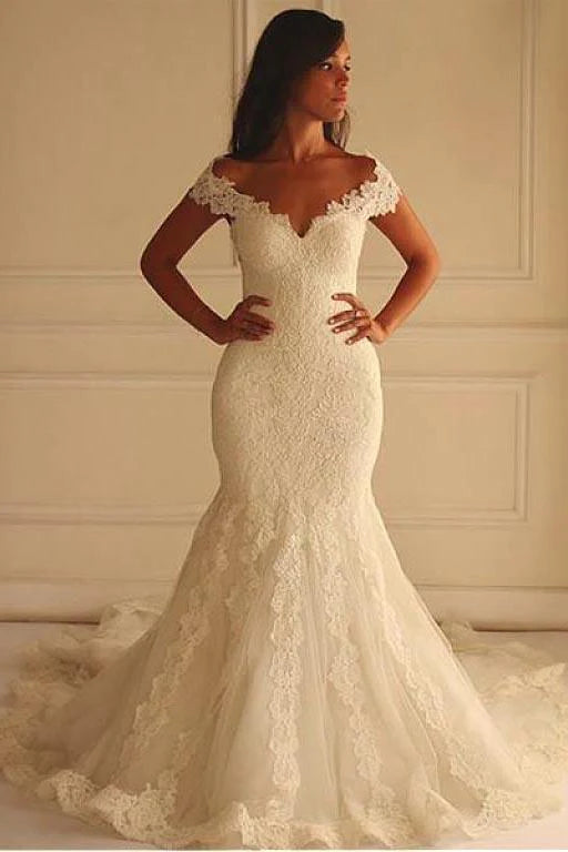 Chic Outfits Off Shoulder Short Sleeves Mermaid Lace Wedding Dress with Appliques Bridal Dress