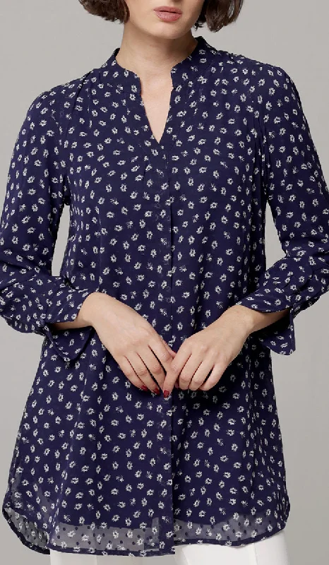 Chic Styles Shaina Long Chiffon Print Modest Top - Navy Floral - PREORDER (ships in 2 weeks)