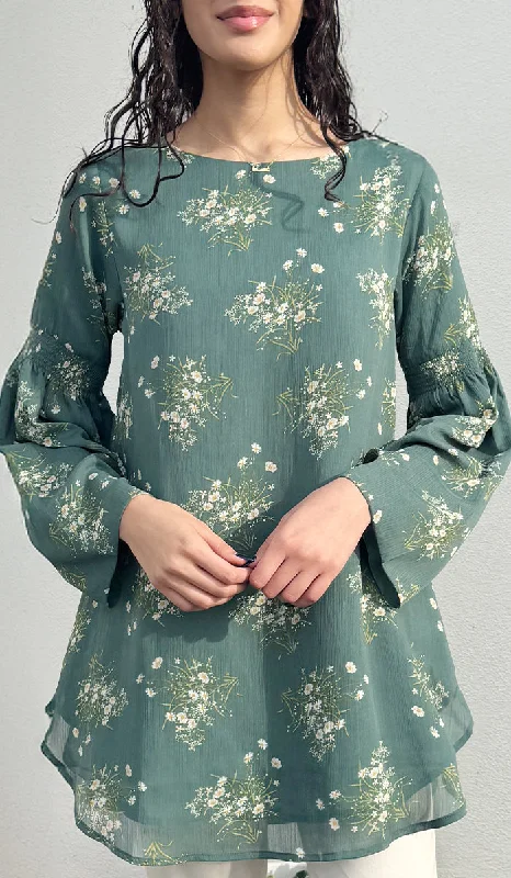 Cool Prices Sundus Long Chiffon Print Modest Top - Jade Floral - PREORDER (ships in 2 weeks)