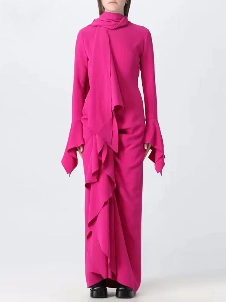 Runway Inspired Wear Draped Ruffled Crepe Scarf Maxi Dress in Pink