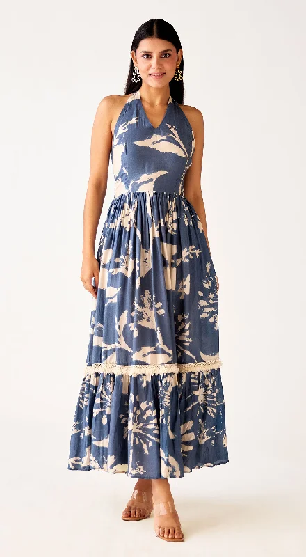 Vintage Look Blue Muslin Floral Long Dress