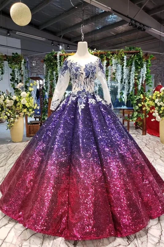 Holiday Glam Gorgeous Ball Gown Long Sleeves Sequins Ombre Quinceanera Puffy Prom Dresses