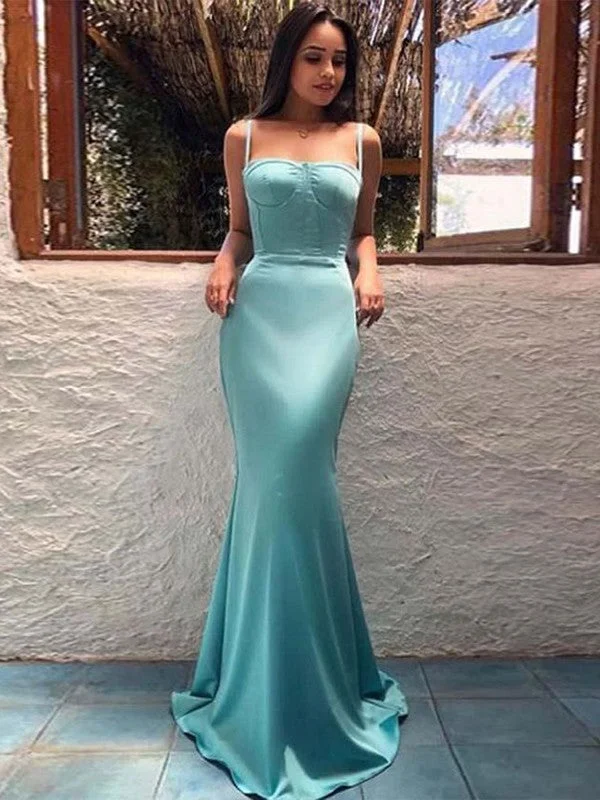 New Season Fashion Preview Sale Sheath/Column Sleeveless Satin Spaghetti Straps Ruffles Floor-Length Dresses