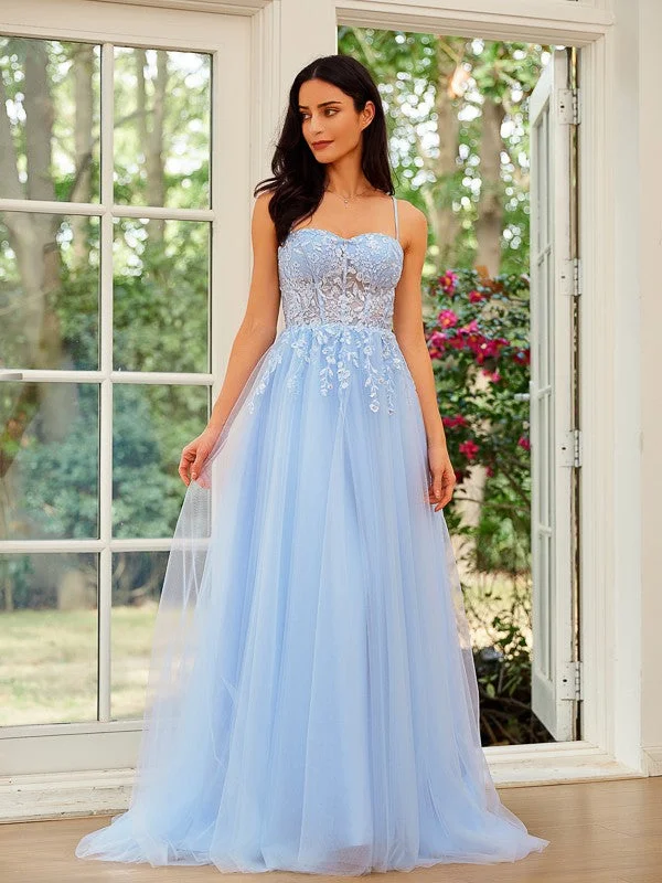 Latest Fashion A-Line/Princess Tulle Lace Spaghetti Straps Sleeveless Sweep/Brush Train Dresses