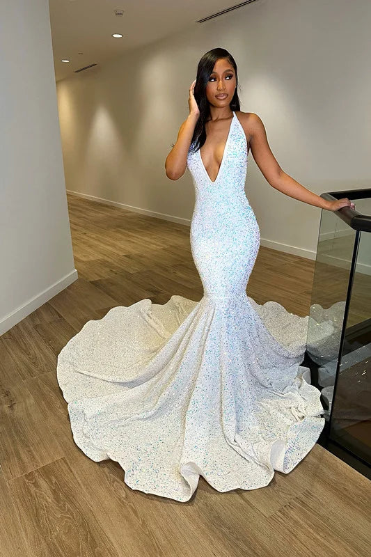 Polished Finish Fantasy White Evening Dress Sequins Sleeveless V Neck Halter Prom Dress        S3865