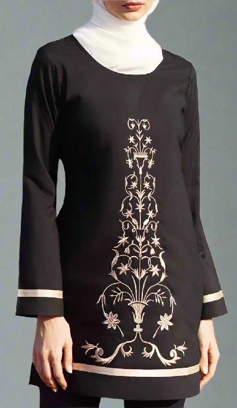 Summer Essentials Isabel Floral Embroidered Long Tunic - Black