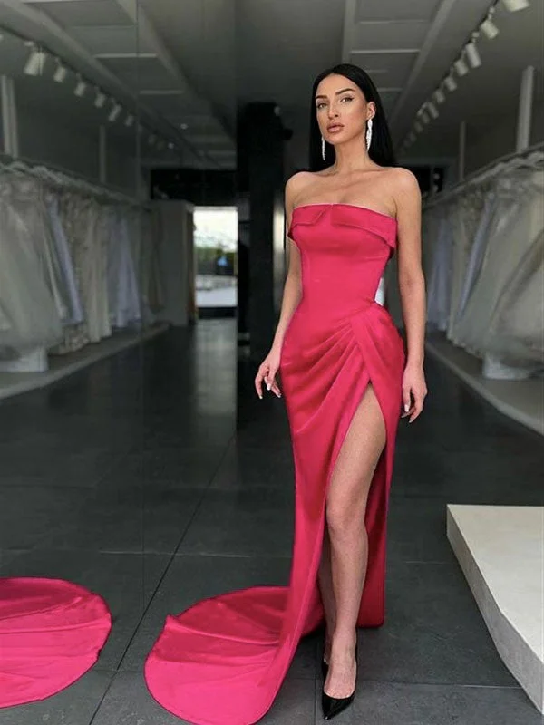 Unbeatable Prices Sheath/Column Elastic Woven Satin Ruched Strapless Sleeveless Sweep/Brush Train Dresses