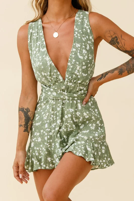 Formal Outfit Playa Vista Halterneck Frill Hem Romper Floral Print Olive