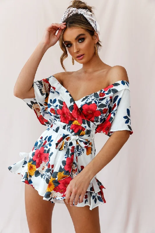 Tropical Island - Inspired Attire Ambrosia Off-Shoulder Floral Romper White