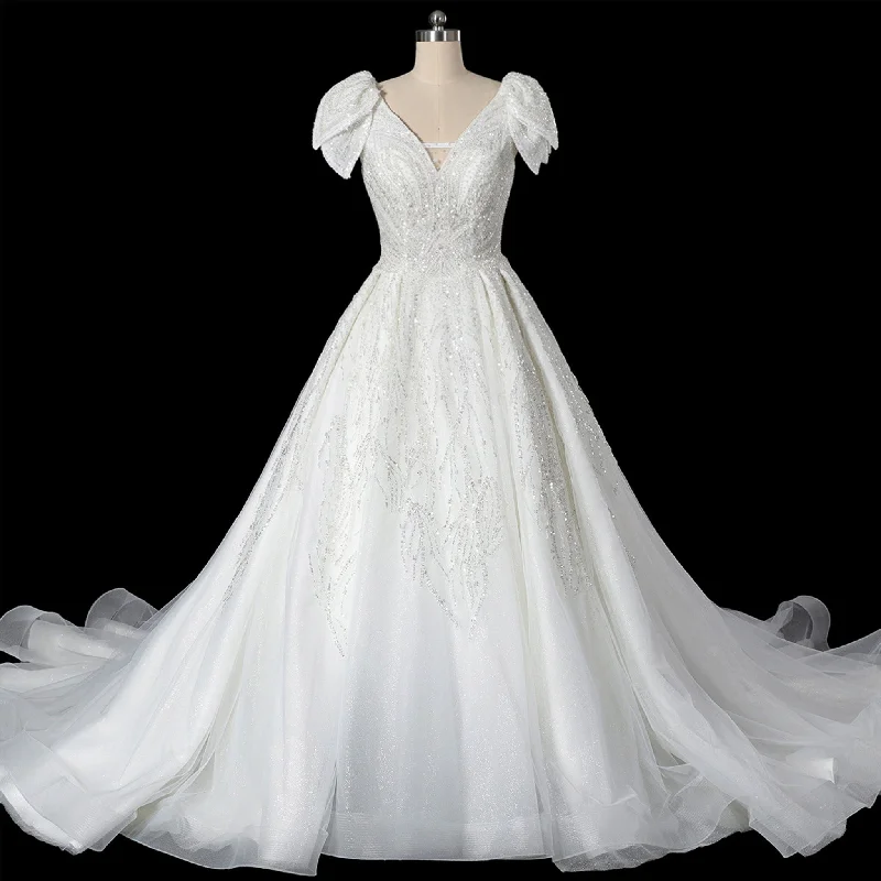 Dreamy Draping Gorgeous Sparkly Ballgown Cap Sleeve Wedding Dresses