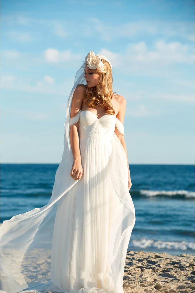 Season Sale Off-the-Shoulder Empire Pleated White Sweetheart Backless Chiffon Beach Wedding Dress