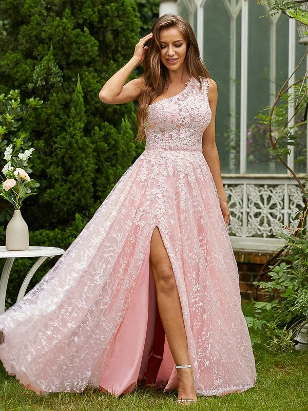 Budget Friendly A-Line/Princess Lace Ruffles One-Shoulder Sleeveless Sweep/Brush Train Dresses