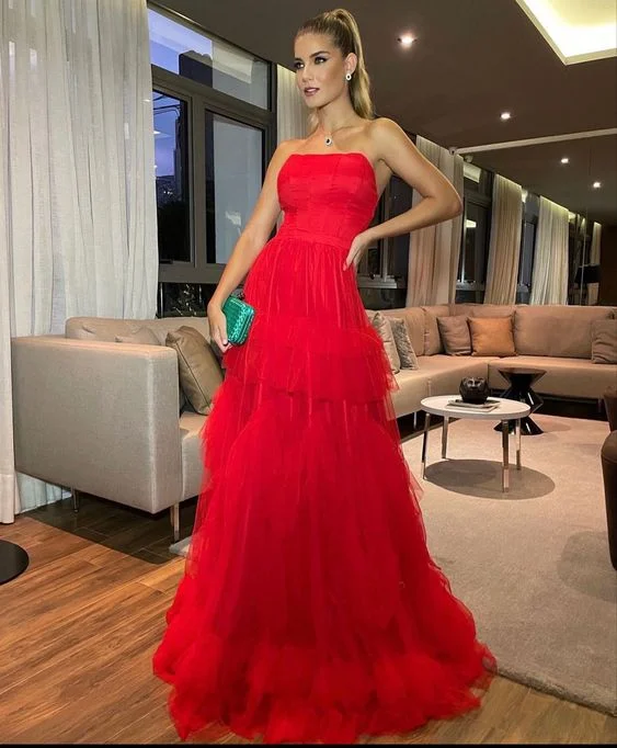 Minimalist Chic Charming Red Tulle Long Evening Dress Sleeveless Formal Prom Dress       S3798