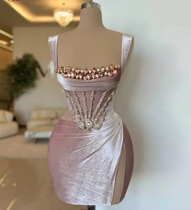 Elegant Style Velvet Pink Rhinestones Corset Short Cocktail Dress Spaghetti Straps Sleeveless Crystal Mini Prom Birthday Party Homecoming Robe