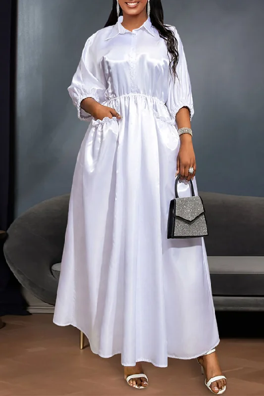 Fashion-Forward Solid Color Shirt Collar Modern A-Line Maxi Dress