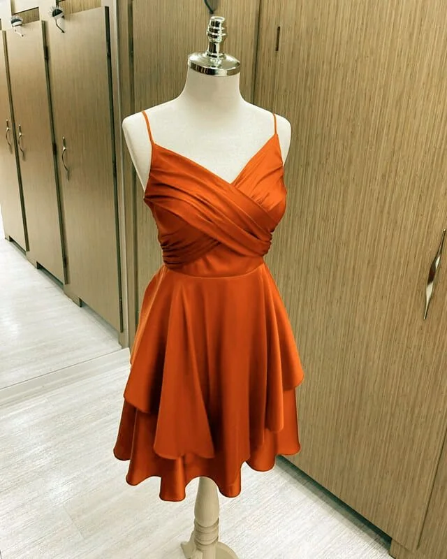 Limited Time Short Burnt Orange Satin Homecoming Dresses V-neckS     S2658