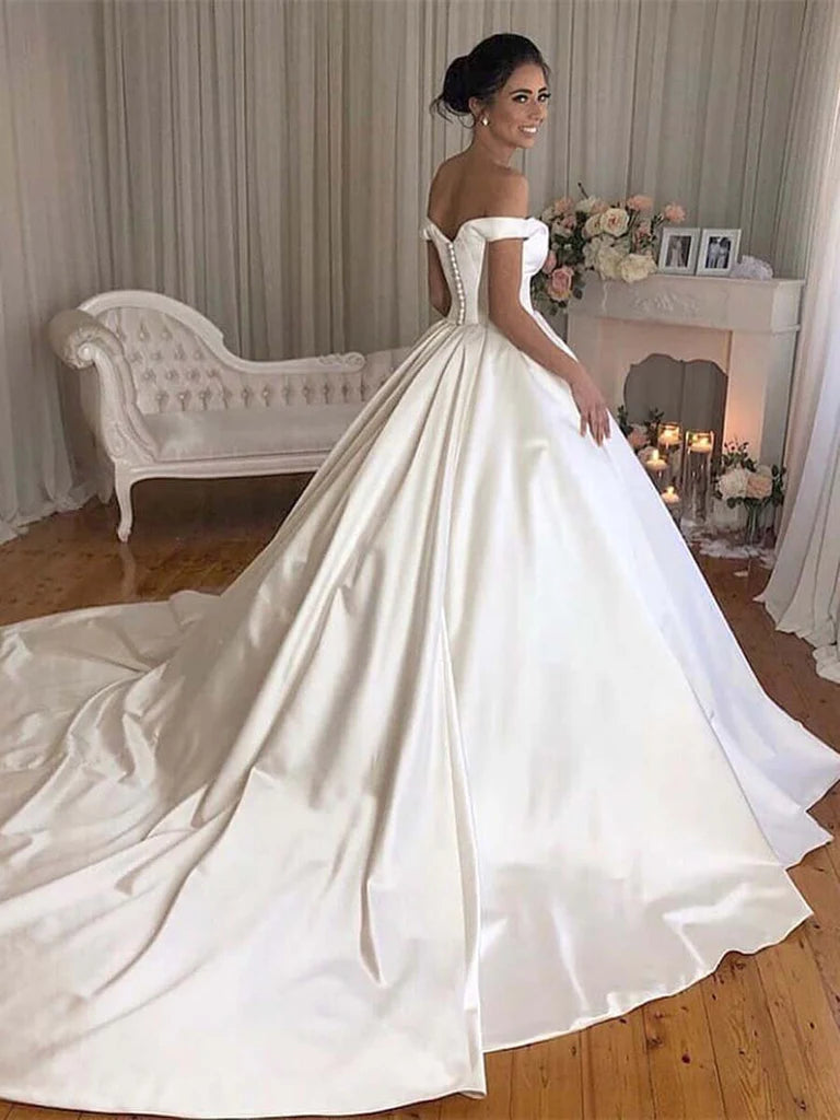 Huge Savings On Parisian Styles Simple Princess Ivory Ball Gown Sweetheart Satin Off the Shoulder Wedding Dresses