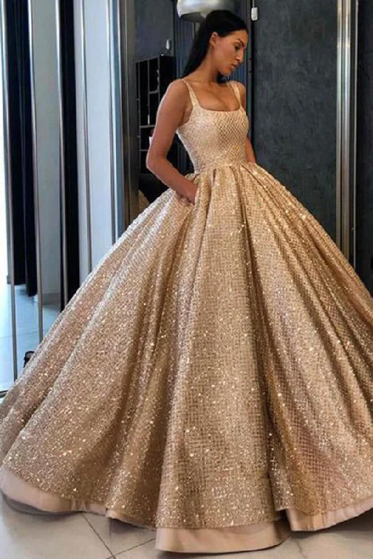 Modern Glamour Gold Ball Gown Sequined Long Prom Dresses with Pockets