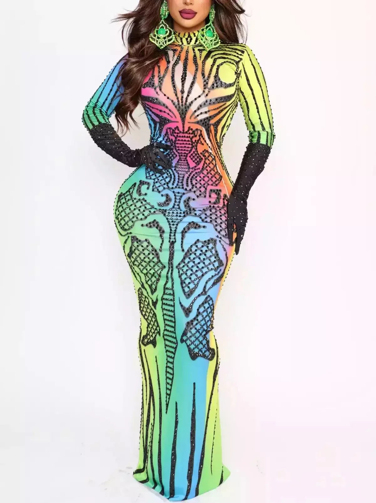 Elegant Style Rainbow Tribal Print Studded Stretch Maxi Dress