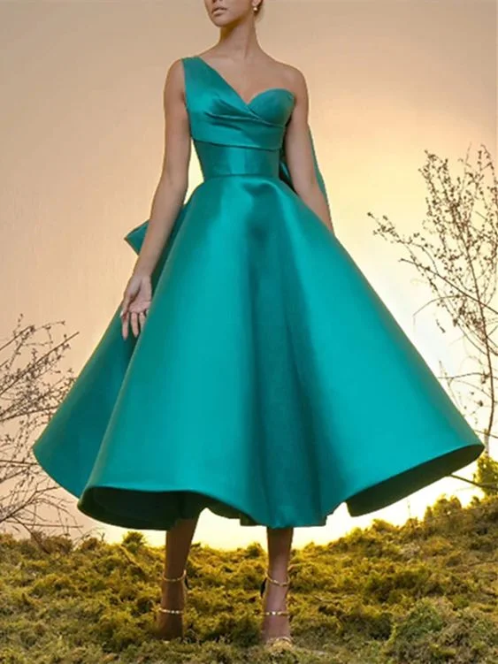 Save Big Ball Gown Cocktail Dresses 1950s Dress Homecoming Tea Length Sleeveless One Shoulder Satin with Bow    S2671