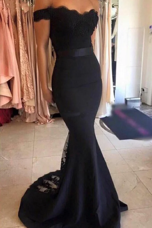 Elegant Clothing Mermaid Long Prom Dresses Black Off the Shoulder with Sash Prom Gowns N1527