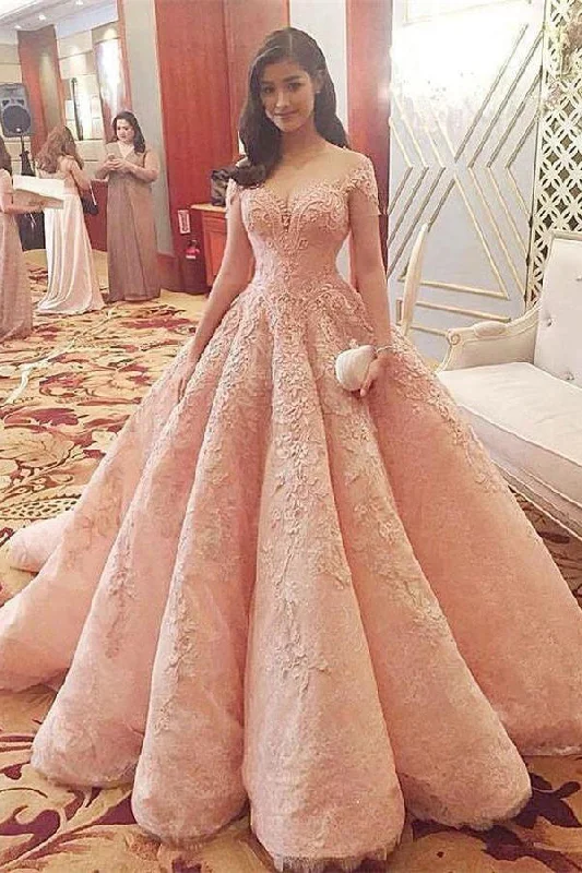 Casual Elegance Ball Gown Gorgeous Short Sleeve Long Formal Dresses Lace Appliqued Prom Dresses N1043