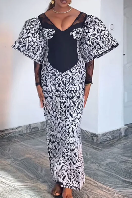 Mid - Week Surprise Vintage Abstract Print Dramatic Puff Sleeve Maxi Dress