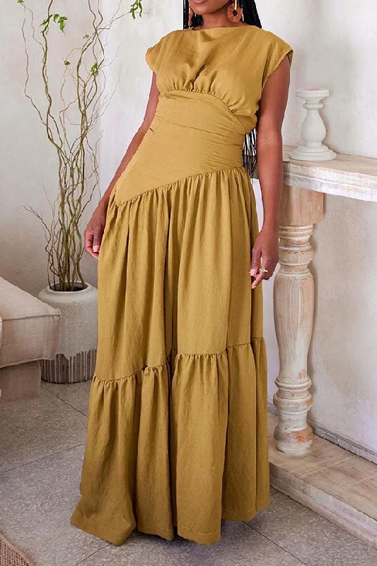 End Of Season Sale Solid Color Modern Tiered Ruffle Maxi Dress