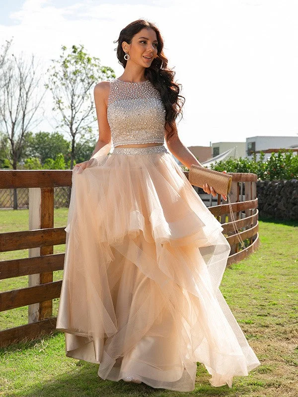 Evening Looks A-Line/Princess Tulle Beading Scoop Sleeveless Floor-Length Two Piece Dresses