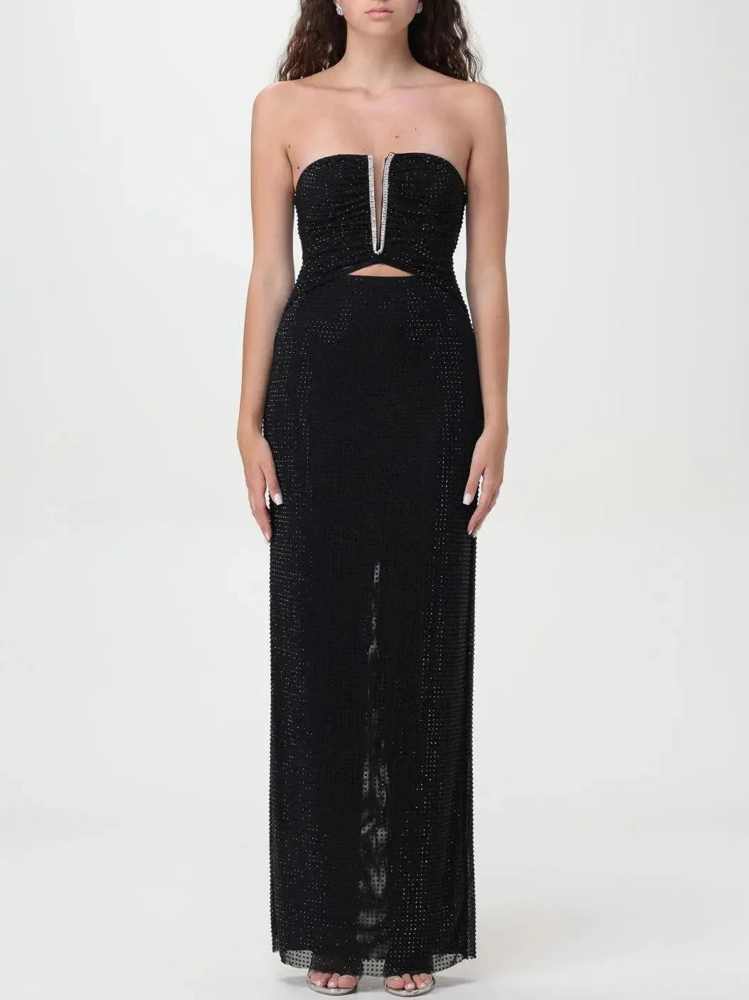 Sophisticated Fashion Black Crystal-Embellished Cut-Out Strapless Maxi Dress