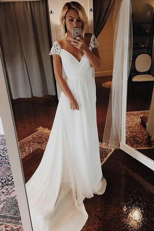 Weekend Special Simple A Line Chiffon Wedding Dresses Cap Sleeve V Neck Bohemian Beach Bridal Gowns