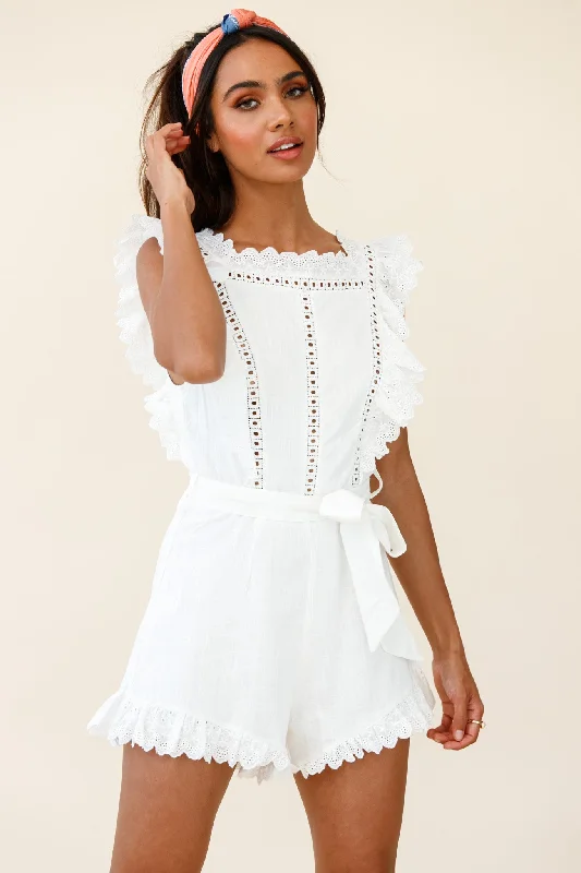 Exquisite Craftsmanship Meadow Ruffle Trim Waist Tie Romper White