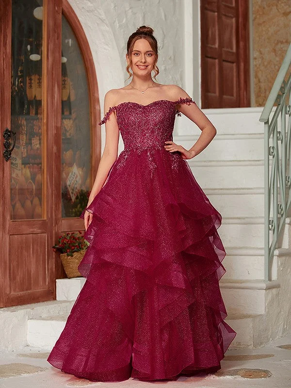 Spring Fashion A-Line/Princess Applique Off-the-Shoulder Sleeveless Floor-Length Dresses