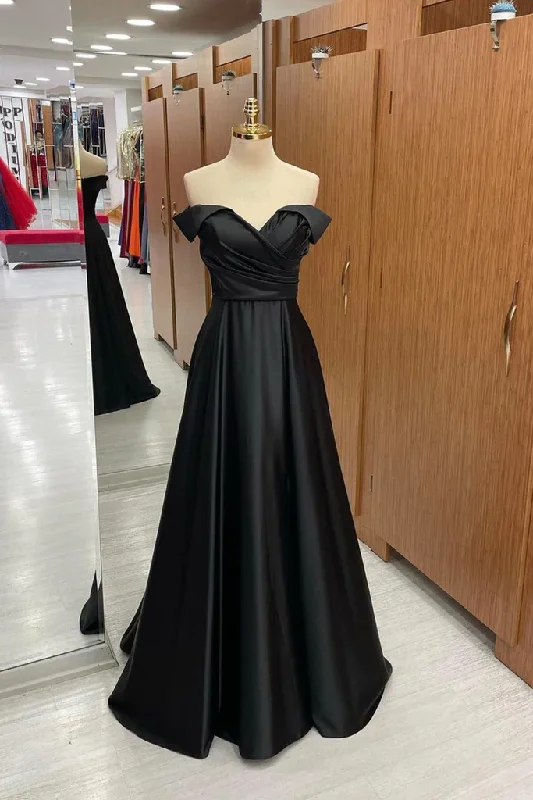 Unleash Your Fashion Off Shoulder Black Satin Long Prom Dress, Long Black Formal Graduation Evening Dress      S1368